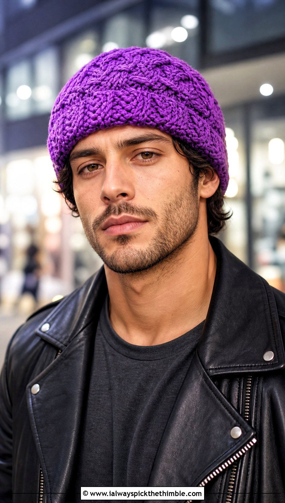 Cable Stitch Crochet Beanie With Leather Jacket - 20 crochet hat ideas for men