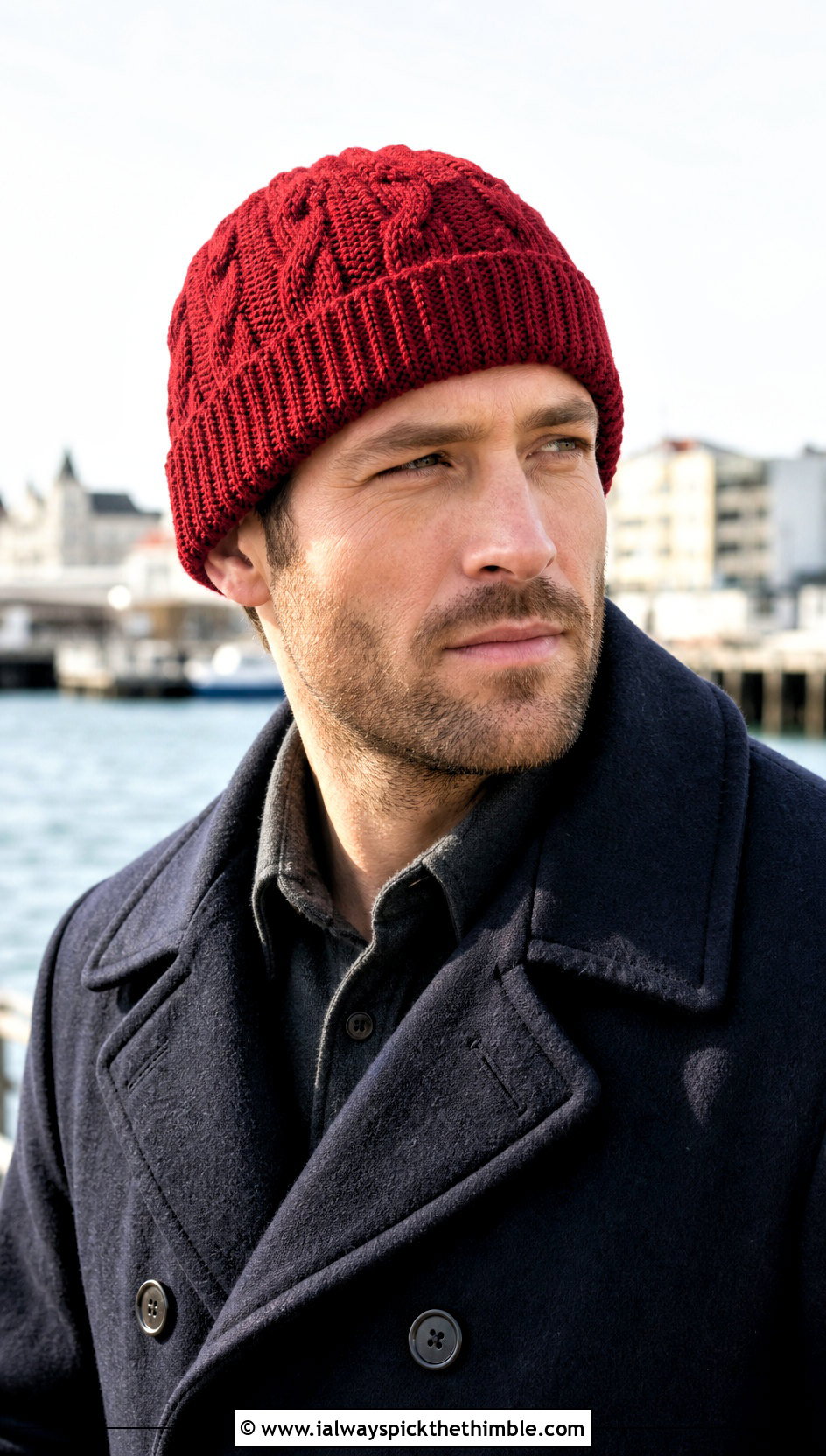 Cable Stitch Crochet Beanie With Peacoat - 20 easy crochet beanie for men outfit ideas
