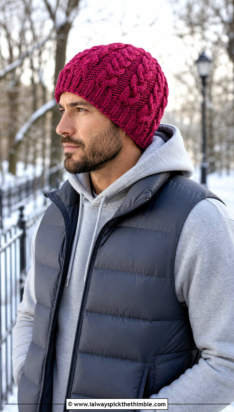 Cable Stitch Crochet Beanie With Puffer Vest - 25 crochet cap for men outfit ideas