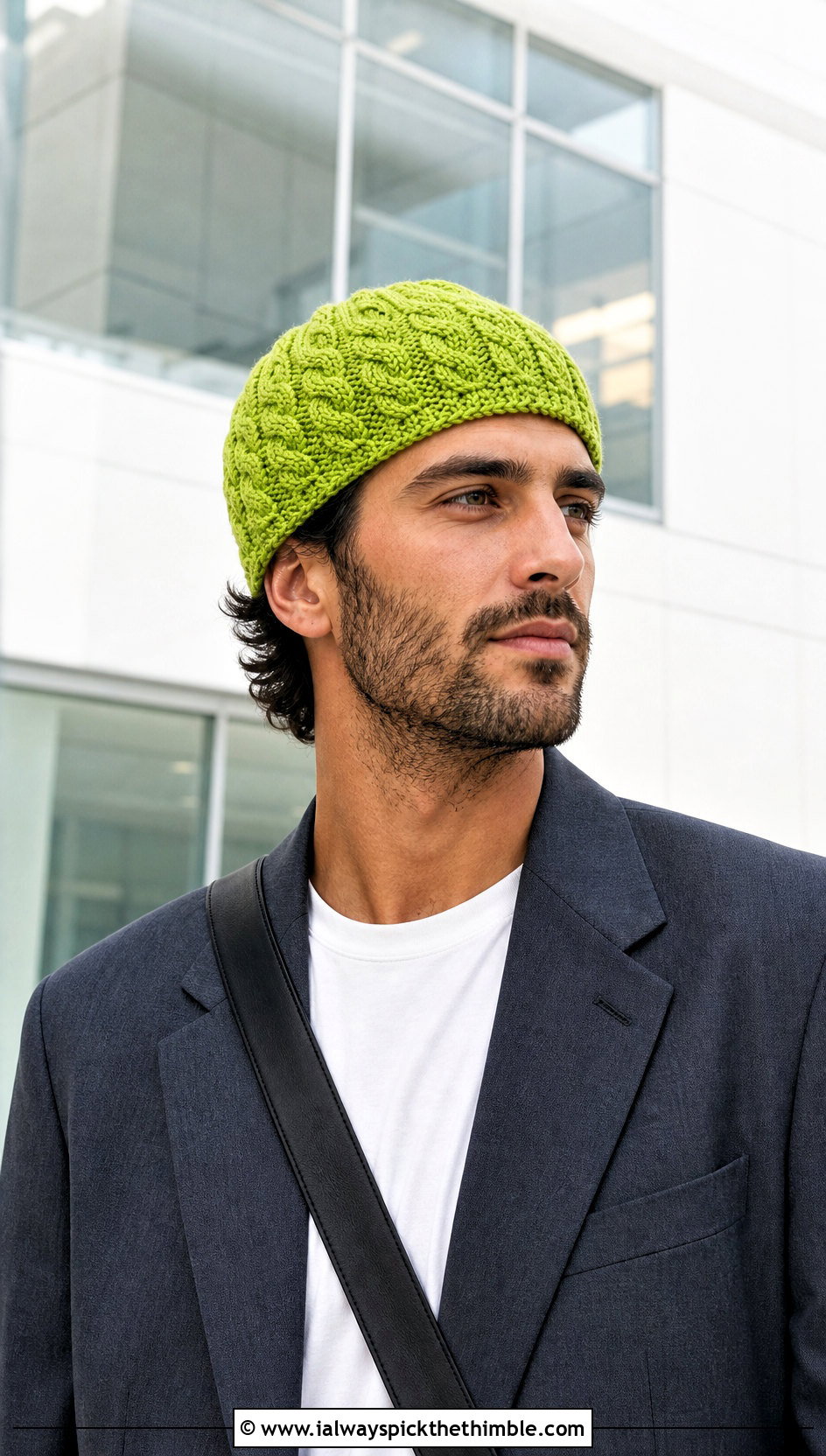 Cable Stitch Crochet Beanie With Suit And Sneakers - 20 men's crochet hats outfit ideas