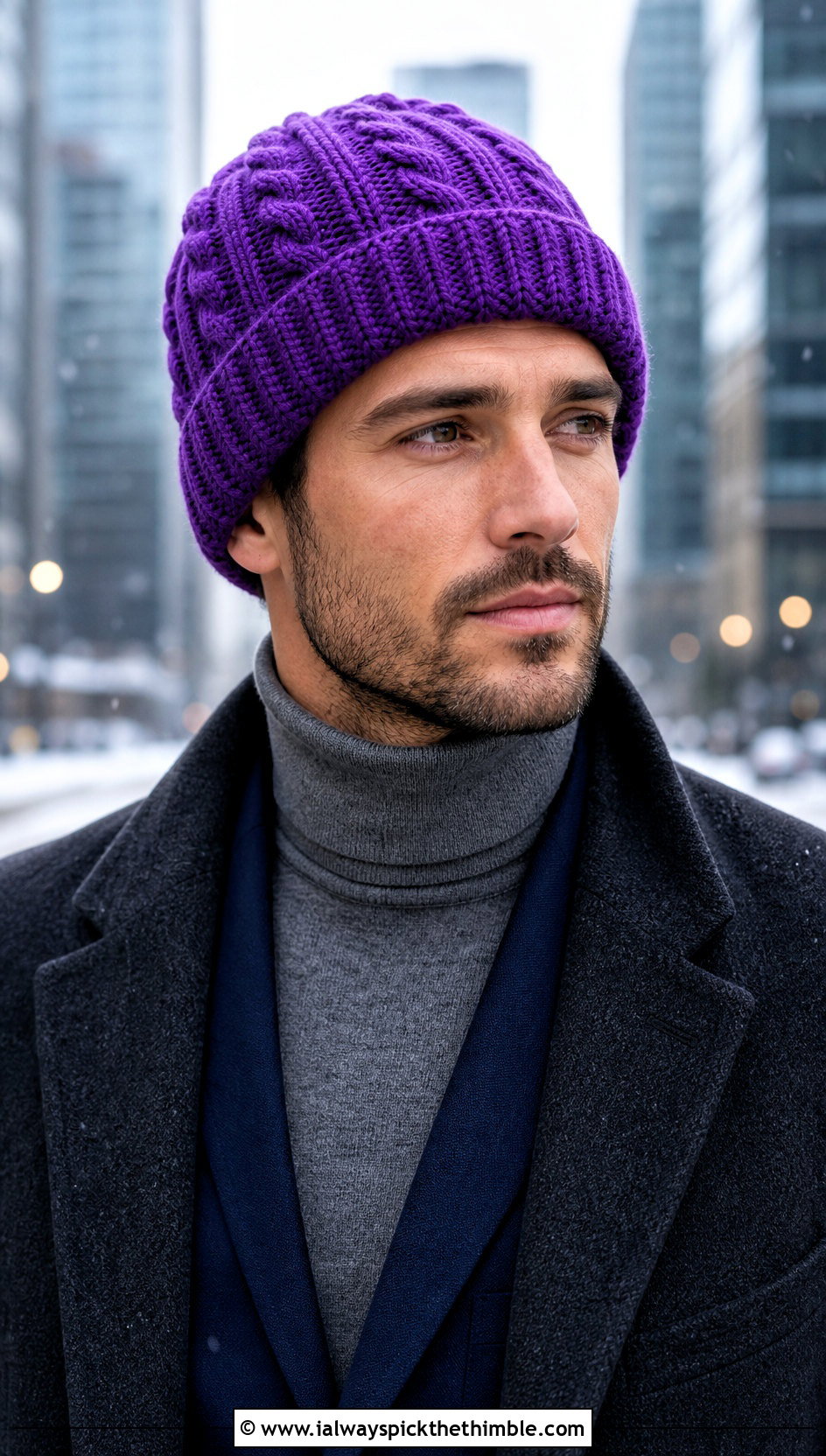 Cable Stitch Crochet Beanie With Winter Suit - 20 Crochet Mens Winter Hat outfit ideas