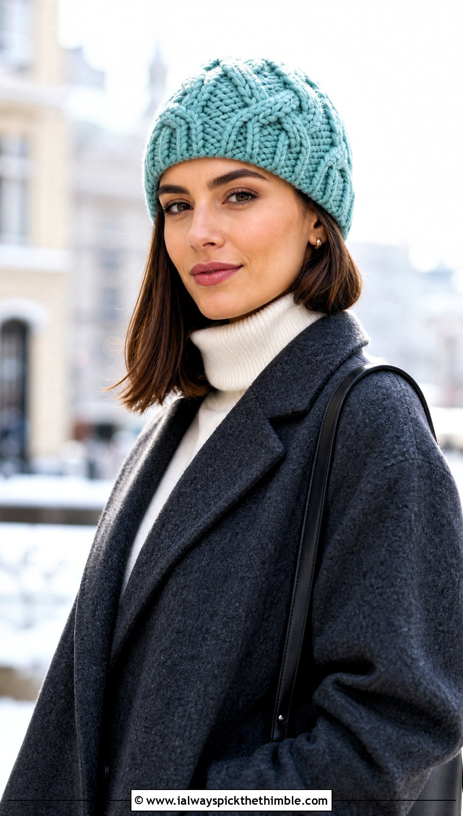 Cable Stitch Crochet Beanie With Wool Coat - 25 cute crochet beanies outfit ideas