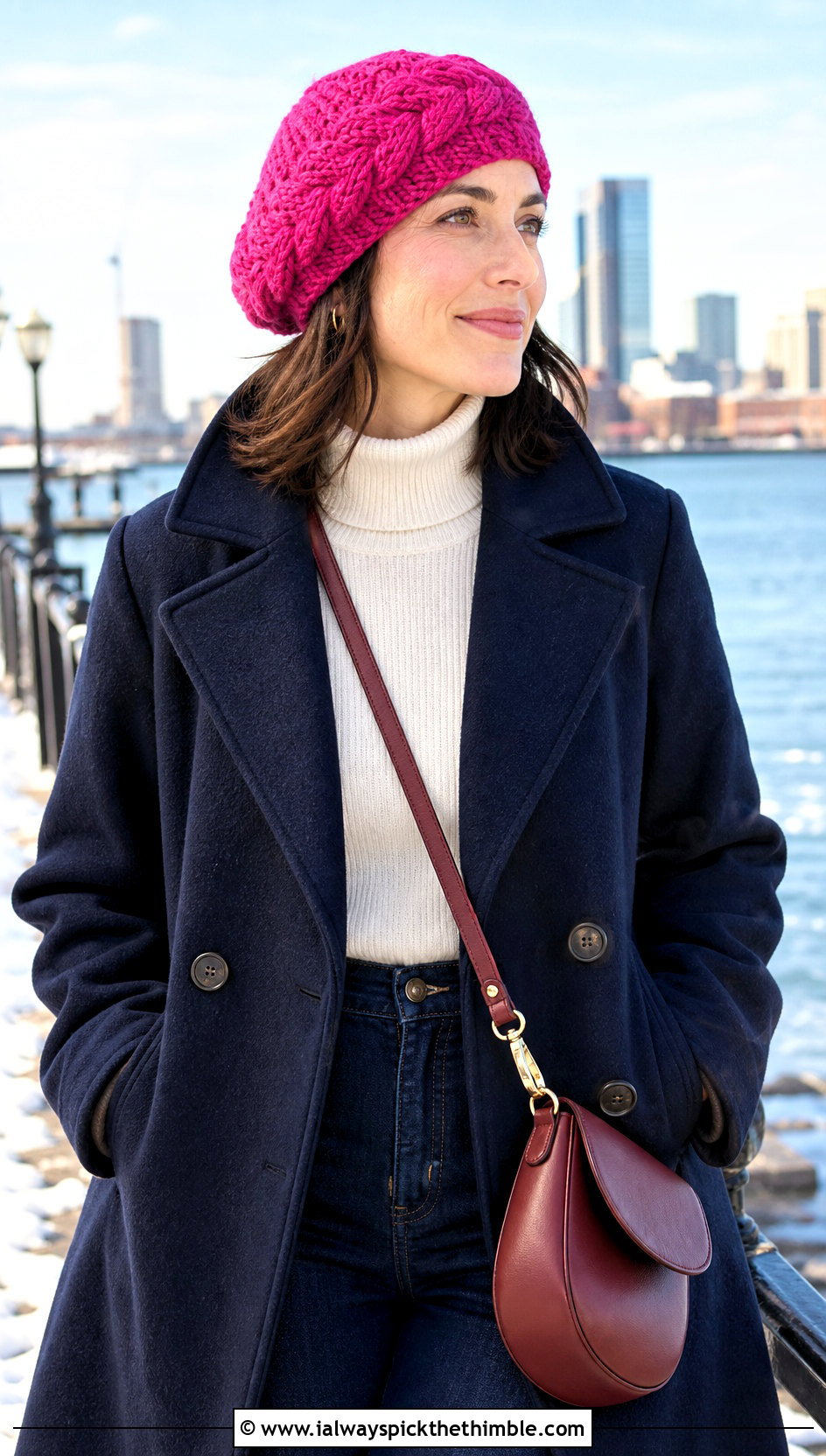 Cable Stitch Crochet Beret Hat With Peacoat - 20 crochet beret hat outfit ideas