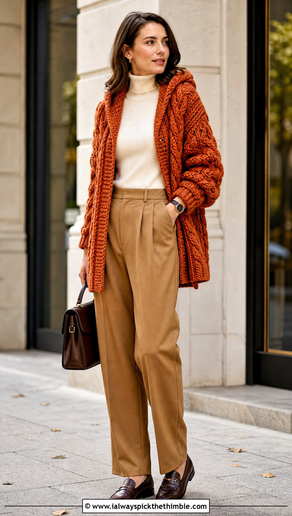 Cable Stitch Crochet Blanket Hoodie With Pleated Trousers - 20 crochet blanket hoodie outfit ideas