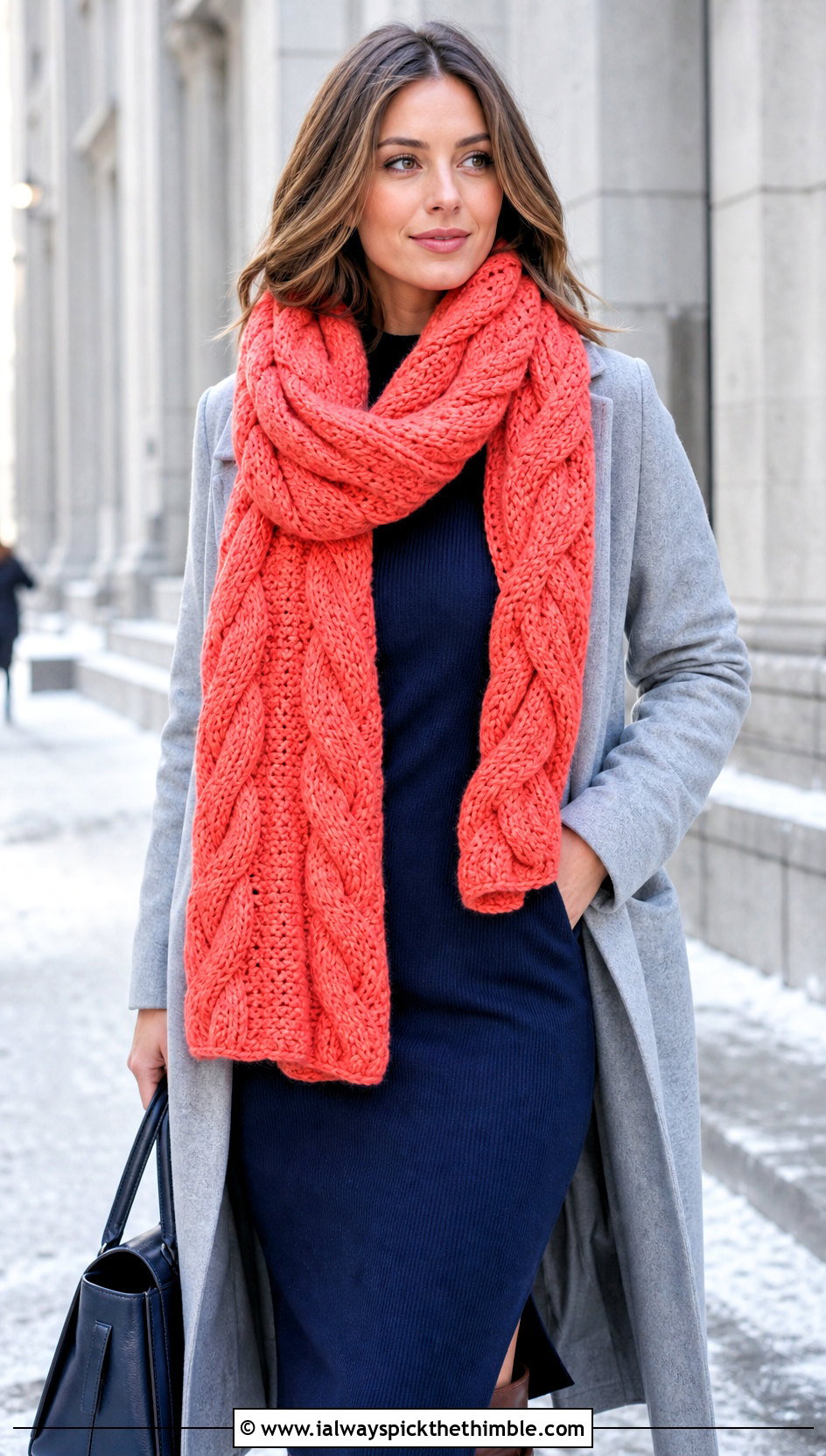 Cable Stitch Crochet Blanket Scarf With Knit Midi Dress - 25 crochet blanket scarf outfit ideas