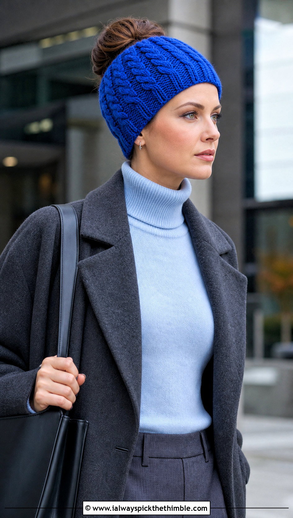 Cable Stitch Crochet Bun Hat With Wool Coat And Trousers - 15 Crochet Bun Hats outfit ideas