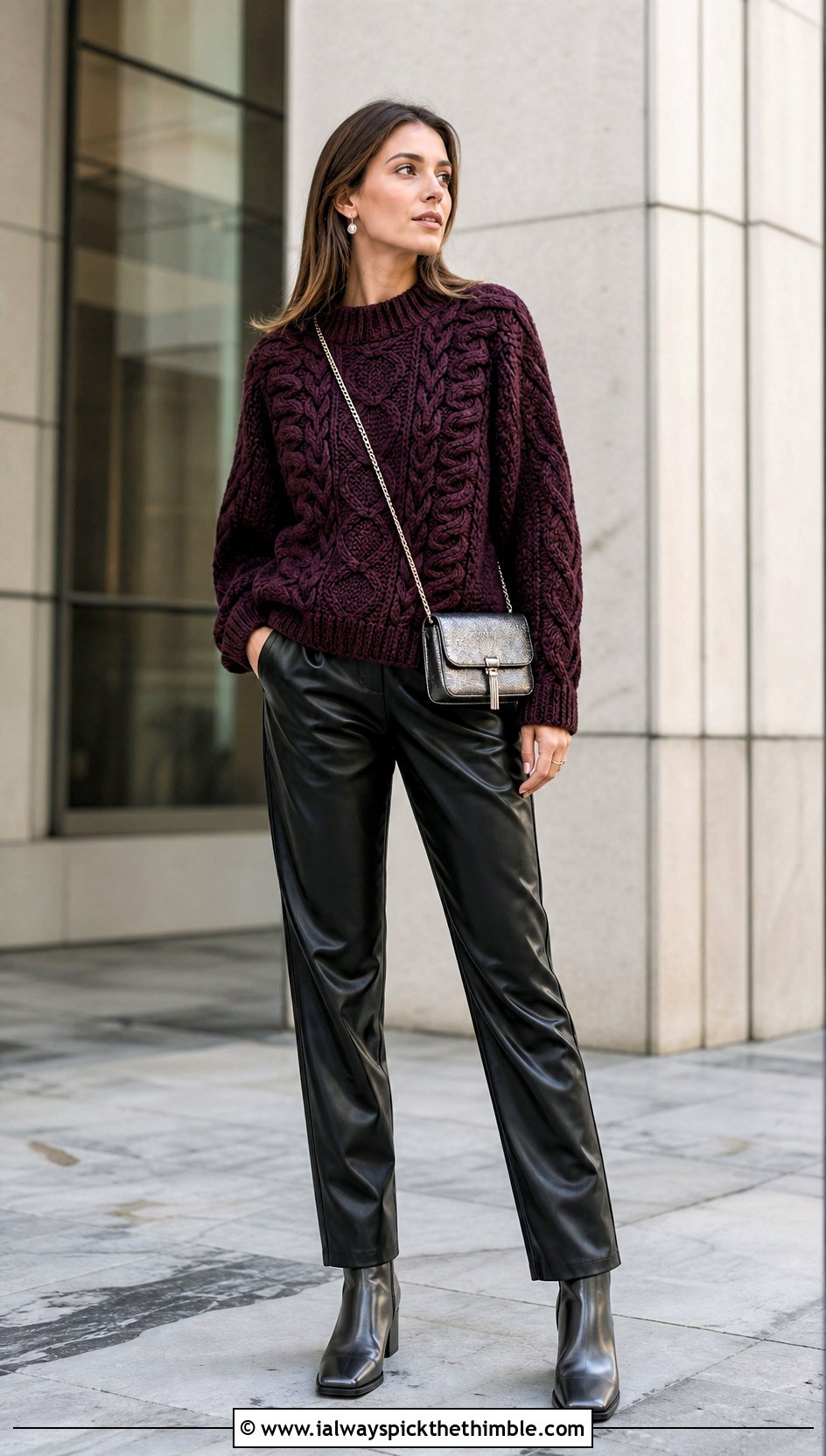 Cable Stitch Crochet Chunky Sweater With Leather Pants And Ankle Boots - 25 crochet chunky sweater outfit ideas