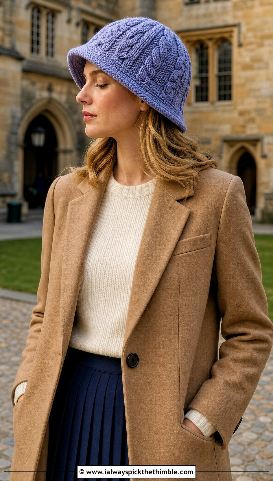 Cable Stitch Crochet Cloche Hat With Blazer And Pleated Skirt - 20 Cloche Crochet Hat outfit ideas