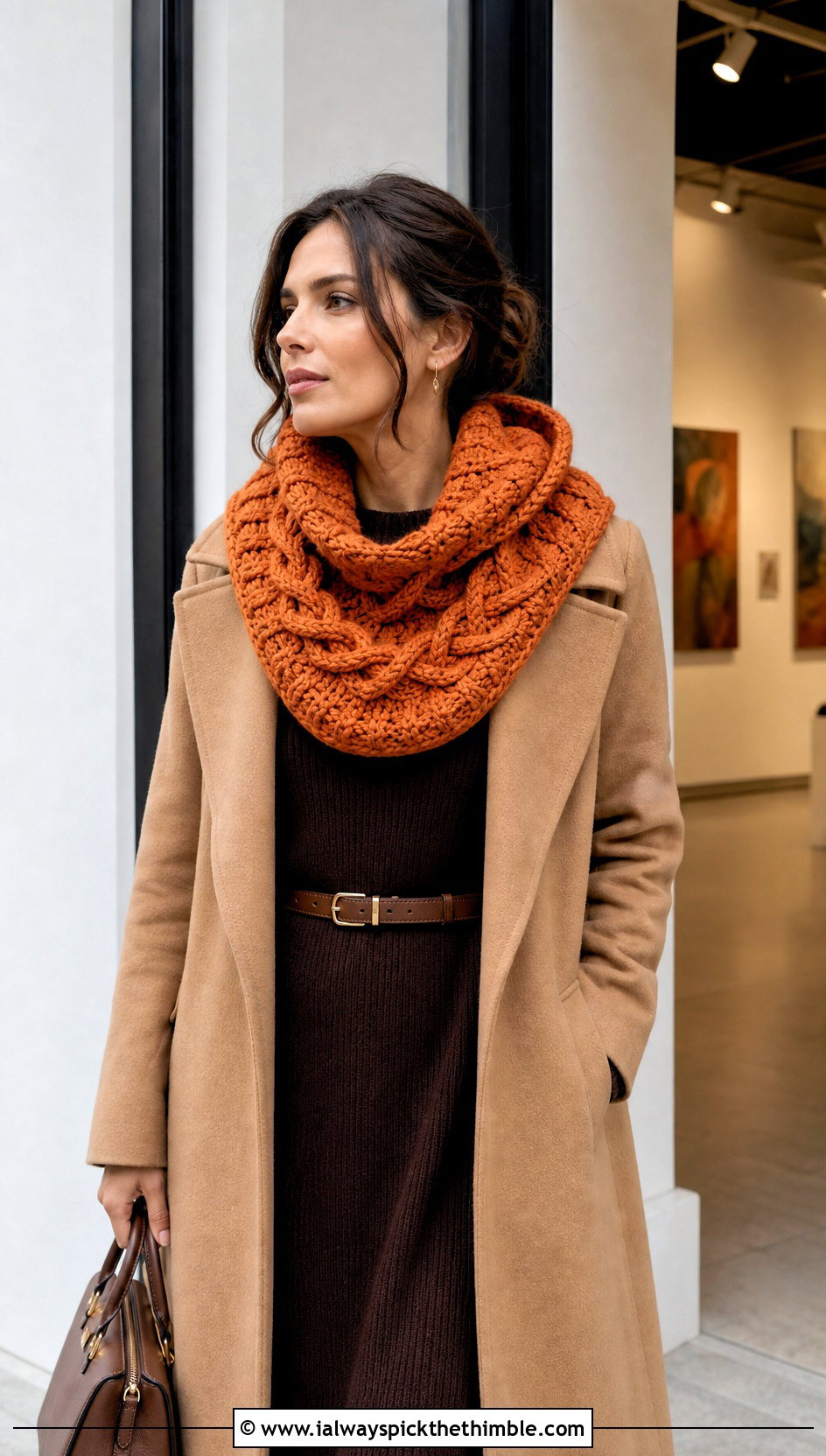 Cable Stitch Crochet Cowl Hood With Sweater Dress - 20 crochet cowl hood outfit ideas