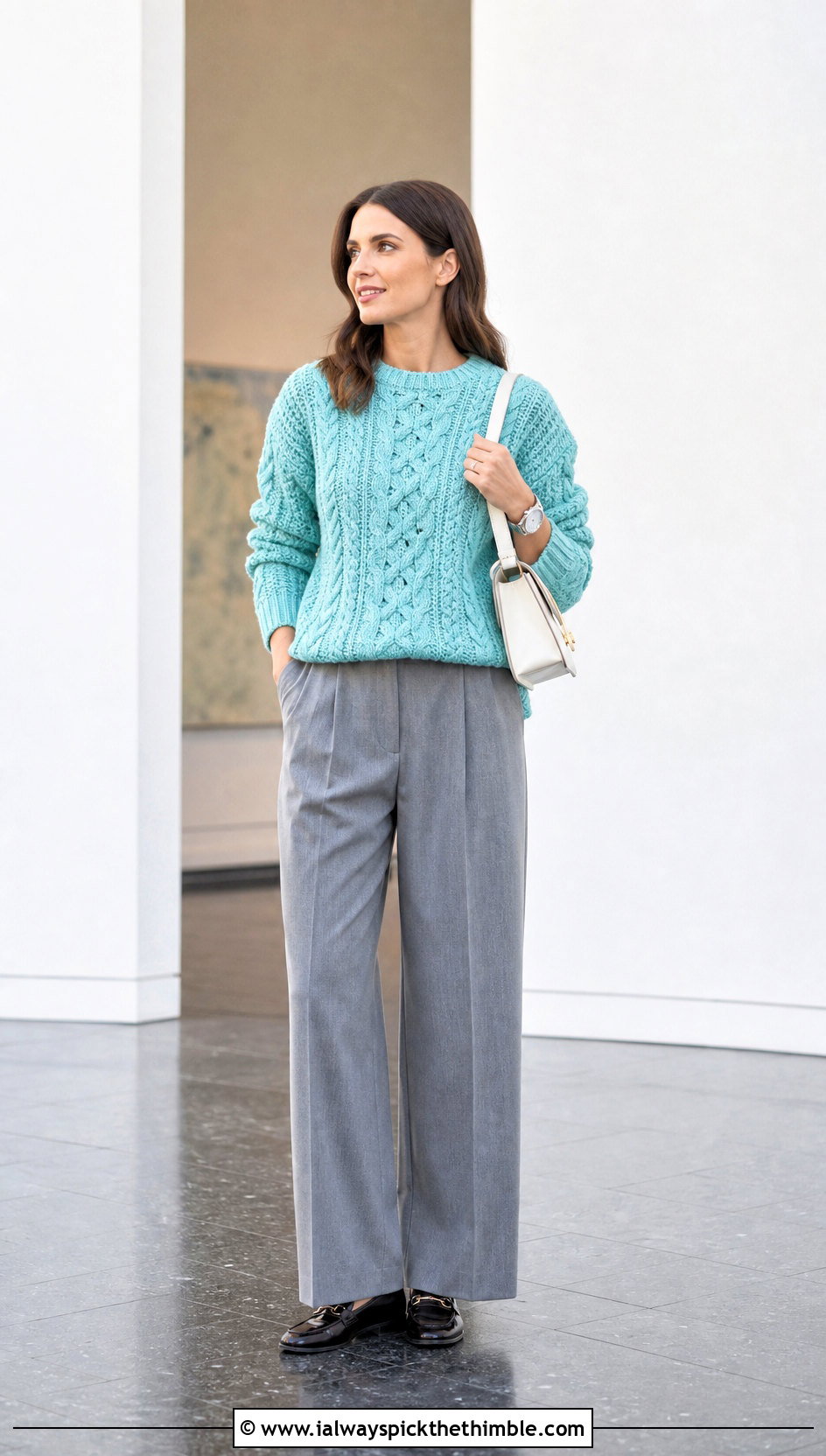 Cable Stitch Crochet Crewneck Sweater With Pleated Trousers - 20 crochet crewneck sweater outfit ideas
