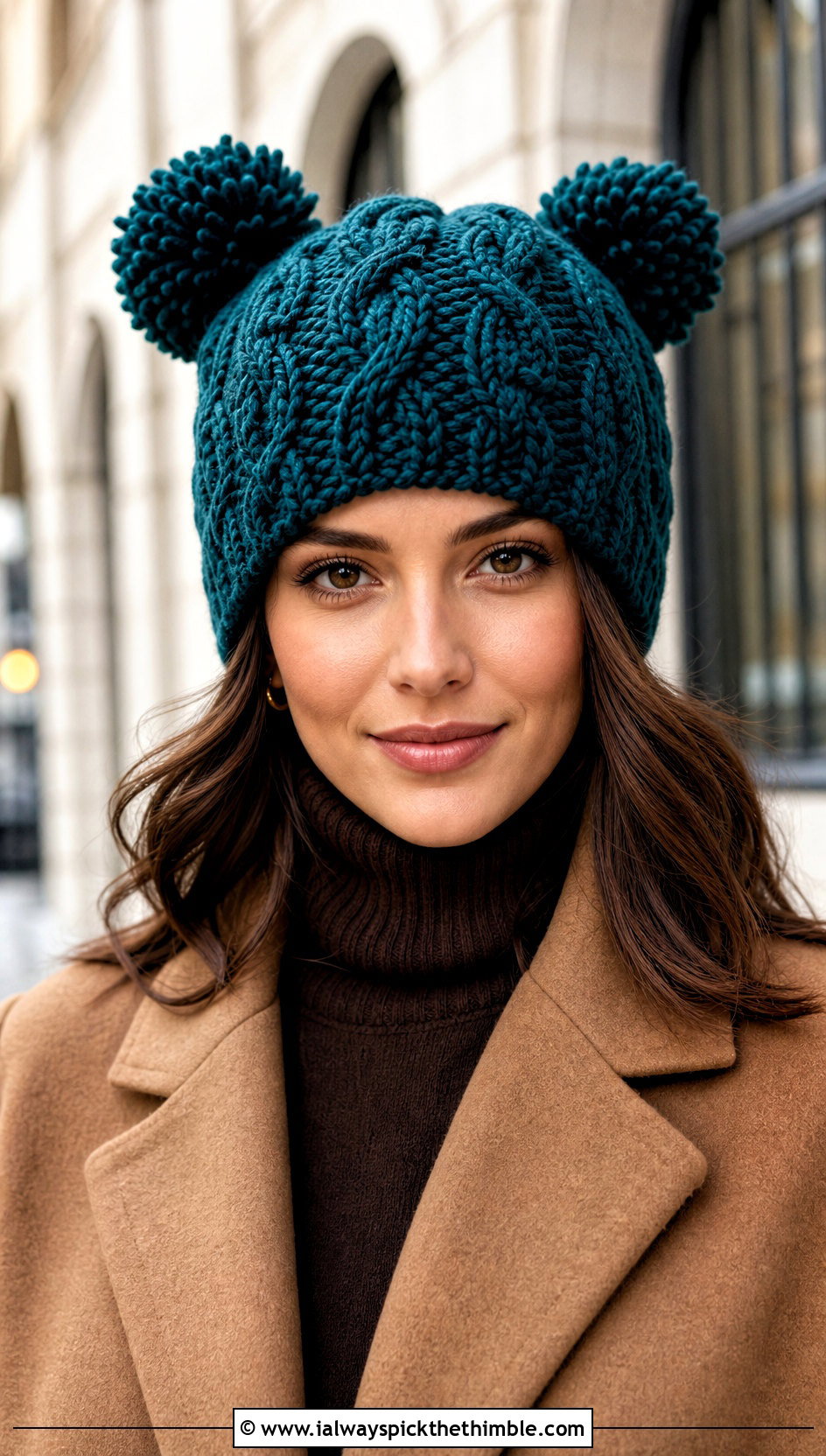 Cable Stitch Crochet Double Pom Pom Hat With Tailored Coat - 20 Crochet Hat With Two Pom Poms outfit ideas