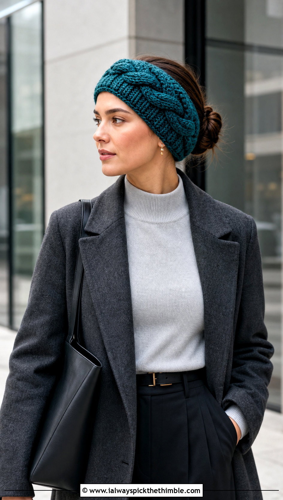 Cable Stitch Crochet Ear Warmer With Wool Coat and Trousers - 20 Simple Crochet Ear Warmer outfit ideas