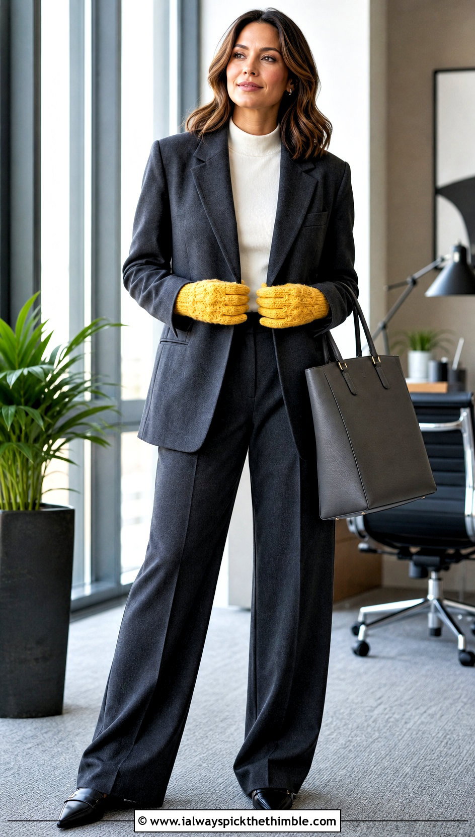 Cable Stitch Crochet Fingered Gloves With Blazer And Trousers - 15 Crochet Fingered Gloves outfit ideas