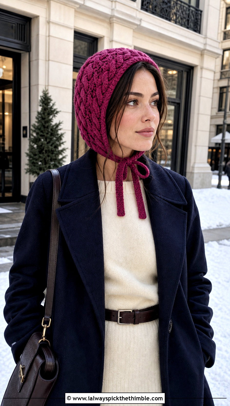 Cable Stitch Crochet Hair Bonnet With Sweater Dress - 20 Crochet Hair Bonnet outfit ideas