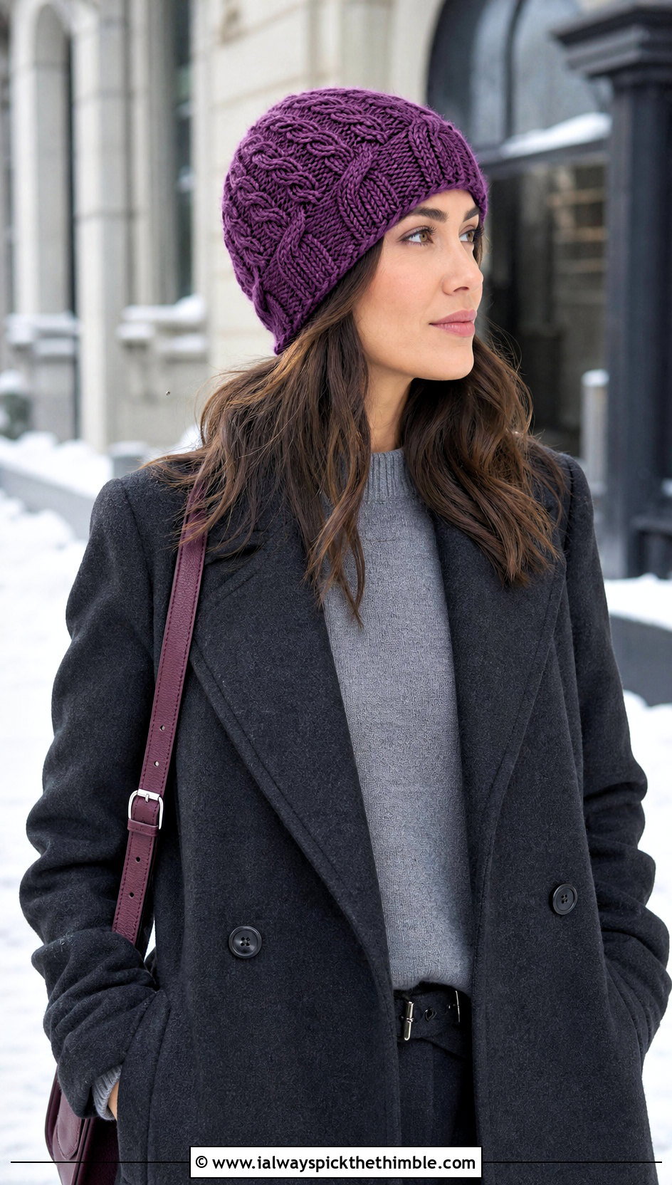 Cable Stitch Crochet Hat With Long Coat And Flared Pants - 20 crochet stitch hat outfit ideas