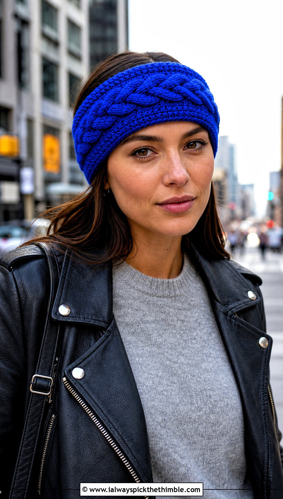 Cable Stitch Crochet Headband Ear Warmer With Leather Jacket - 20 Crochet Headband Ear Warmers outfit ideas