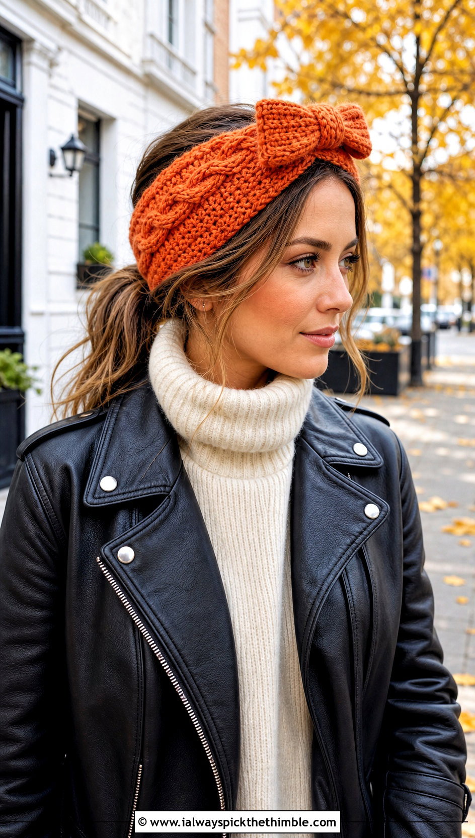 Cable Stitch Crochet Headband With Bow And Leather Jacket - 20 crochet headband with bow outfit ideas
