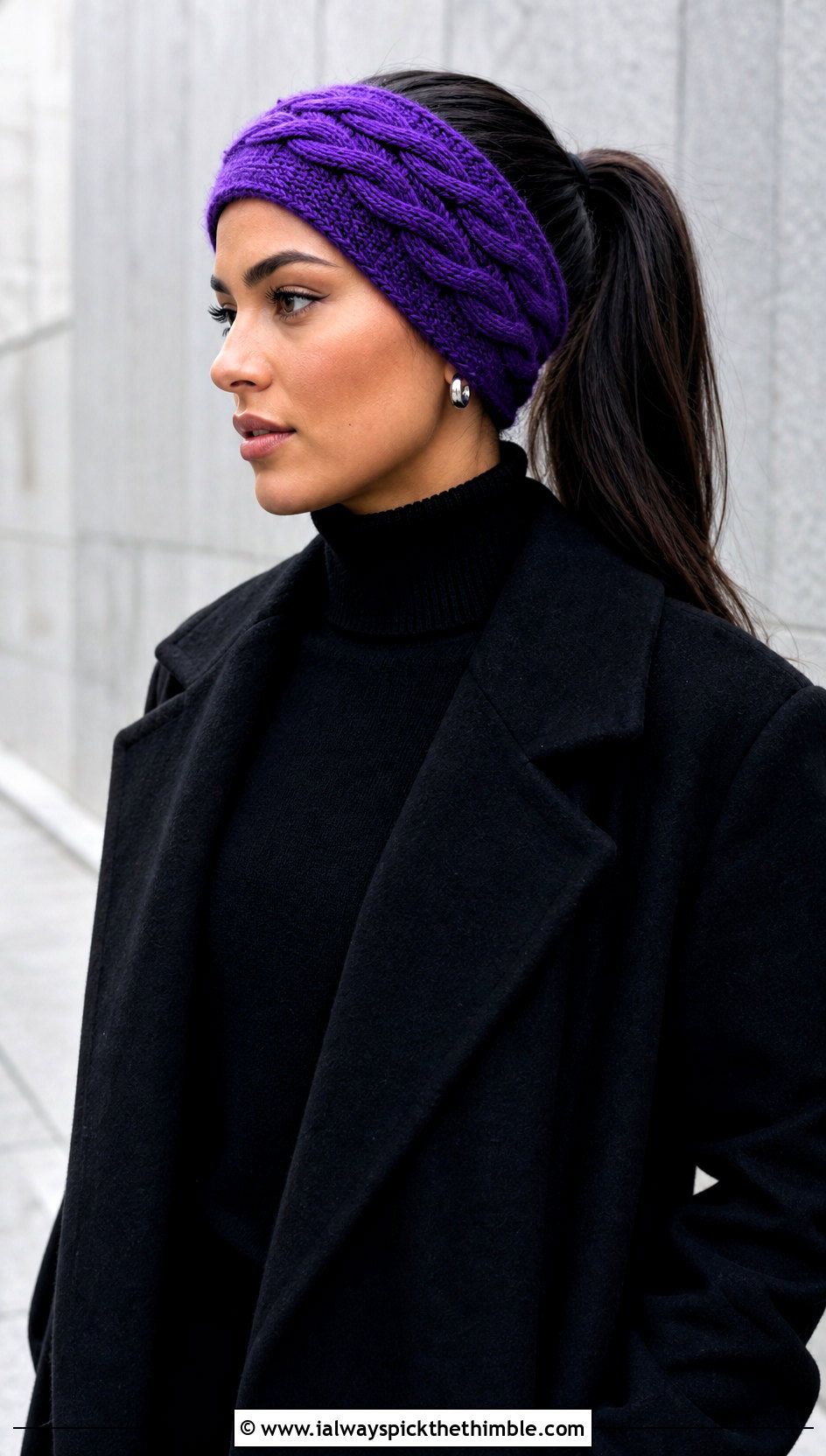 Cable Stitch Crochet Headband With Monochrome Outfit - 20 Easy Crochet Winter Headband outfit ideas
