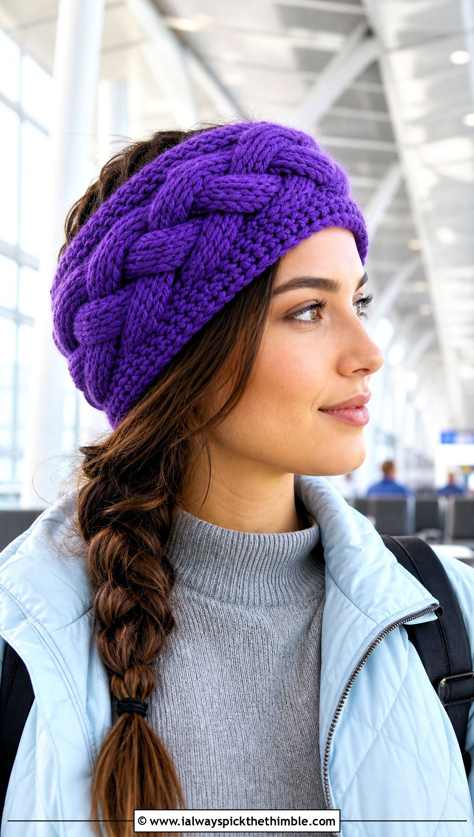 Cable Stitch Crochet Headband With Quilted Jacket And Knit Pants - 20 crochet hair headband outfit ideas
