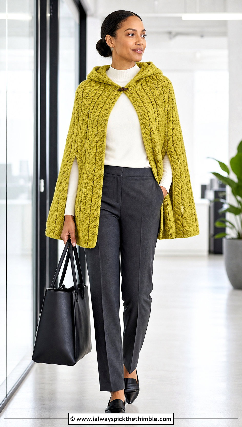 Cable Stitch Crochet Hooded Cape With Tailored Trousers - 25 crochet hooded cape outfit ideas