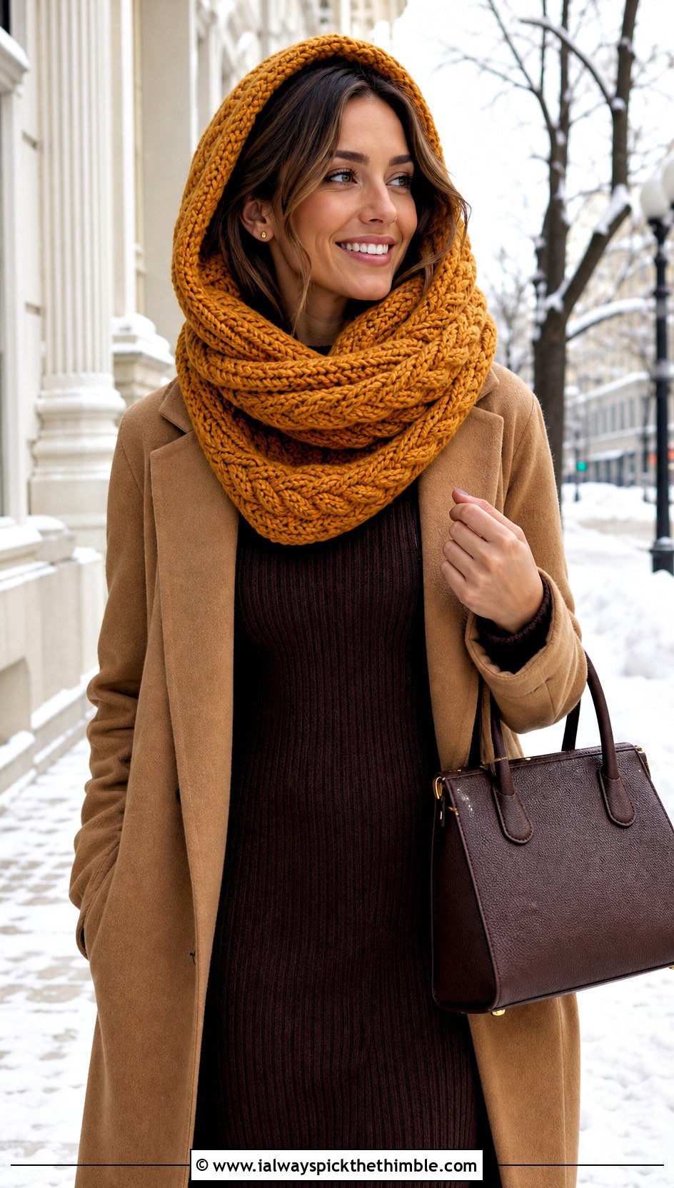 Cable Stitch Crochet Hooded Cowl With Sweater Dress - 25 crochet hooded cowl outfit ideas
