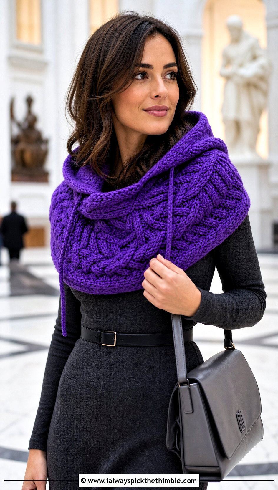 Cable Stitch Crochet Hooded Cowl With Sweater Dress - 20 easy crochet hooded cowl outfit ideas