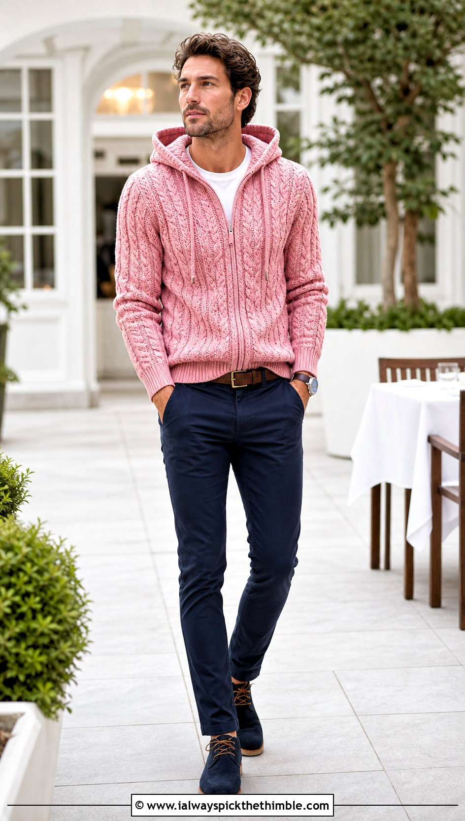 Cable Stitch Crochet Hoodie With Chinos - 20 Crochet Hoodie Men outfit ideas