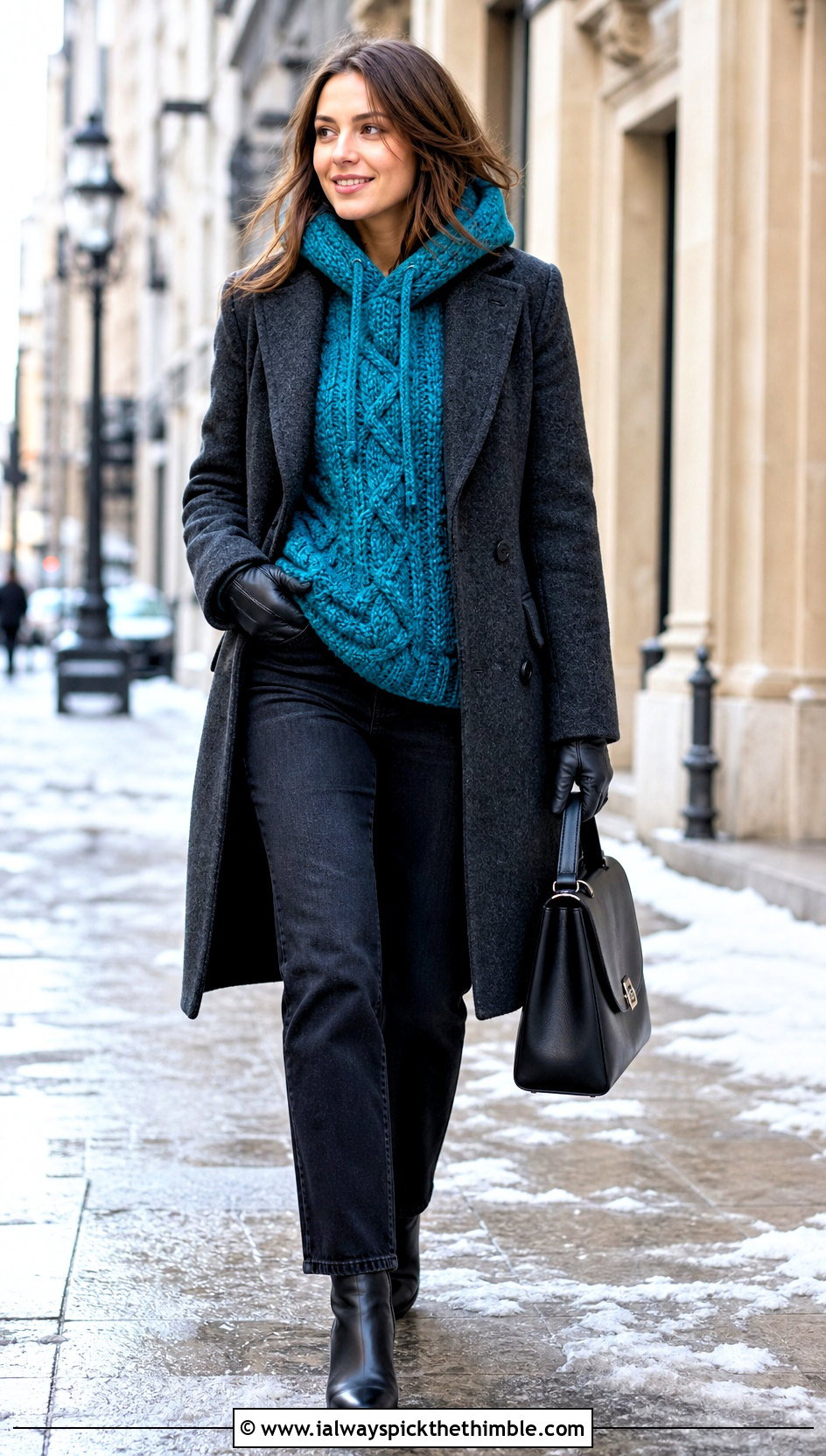 Cable Stitch Crochet Hoodie With Wool Coat - 25 crochet hoodie outfit ideas