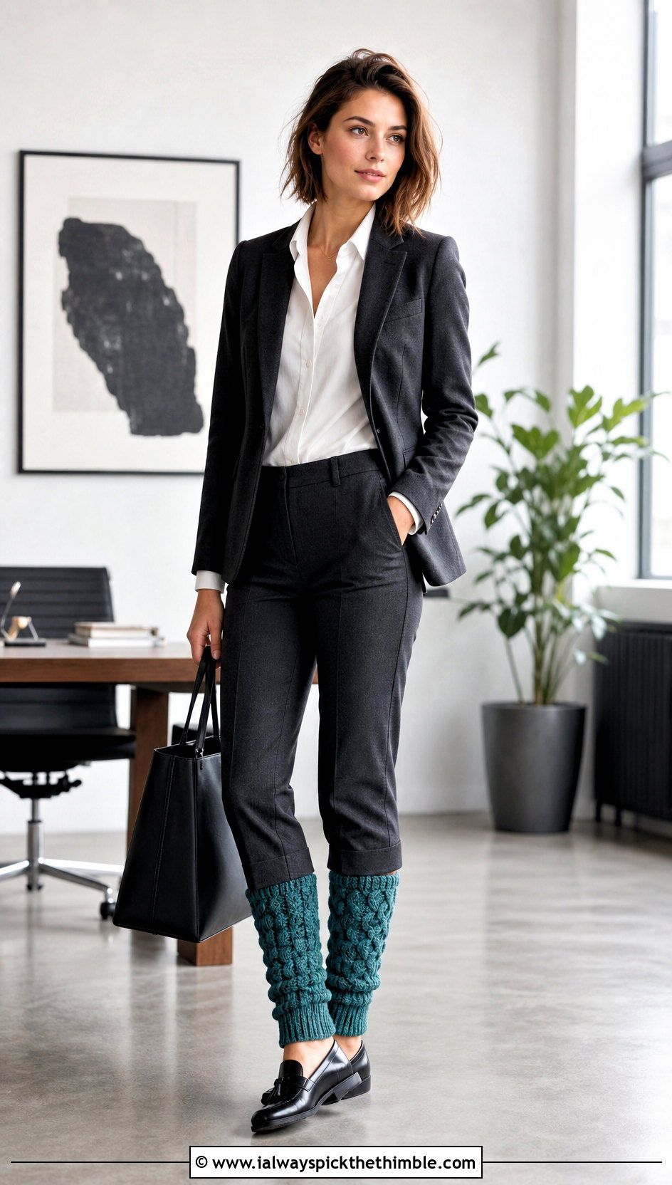 Cable Stitch Crochet Leg Warmers With Tailored Trousers - 25 Easy Crochet Leg Warmers outfit ideas