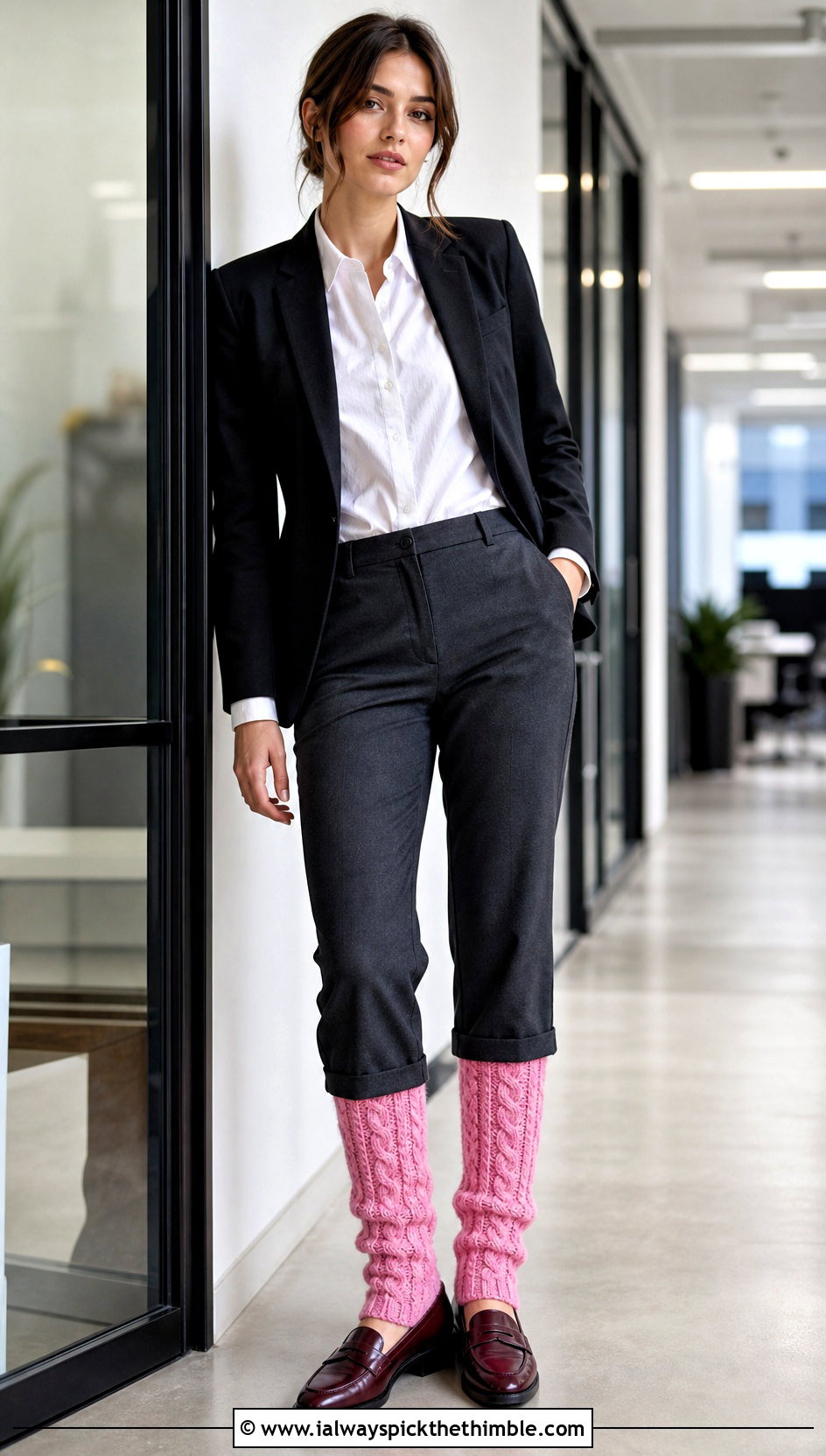 Cable Stitch Crochet Leg Warmers With Tailored Trousers - 15 Crochet Clothes Leg Warmers outfit ideas