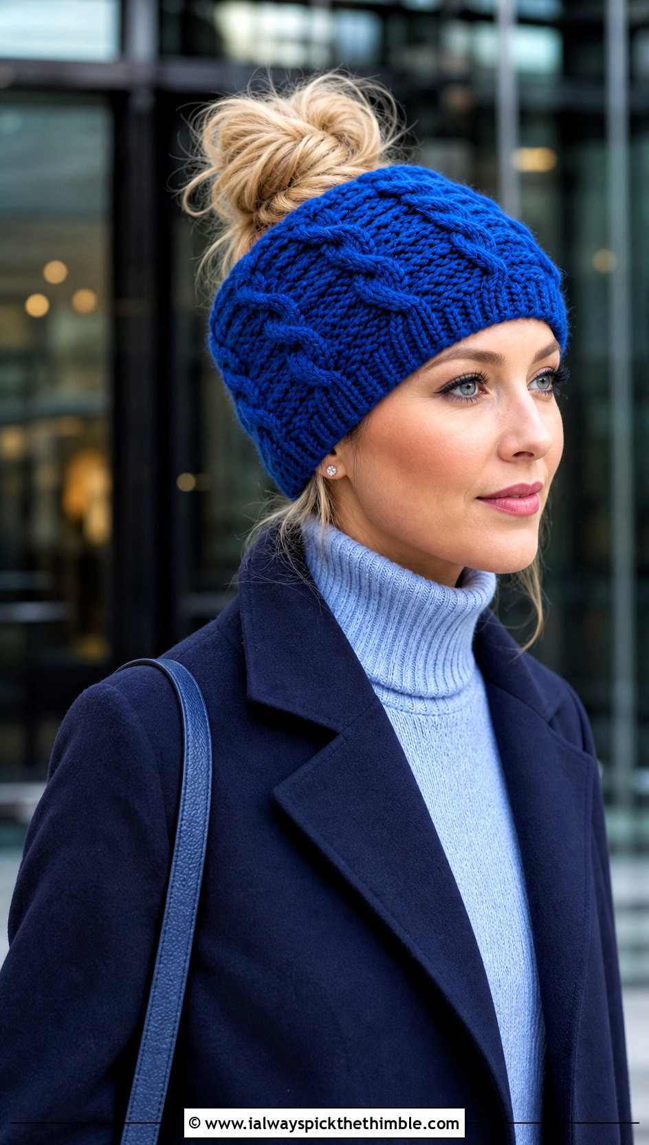 Cable Stitch Crochet Messy Bun Hat With Wool Coat - 15 Easy Crochet Messy Bun Hat outfit ideas