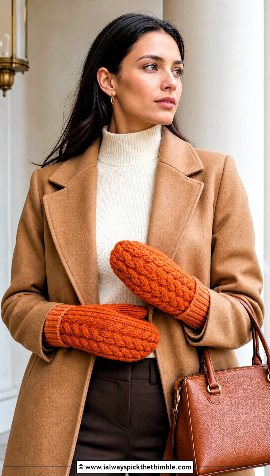 Cable Stitch Crochet Mittens With Camel Coat - 20 women crochet mittens outfit ideas