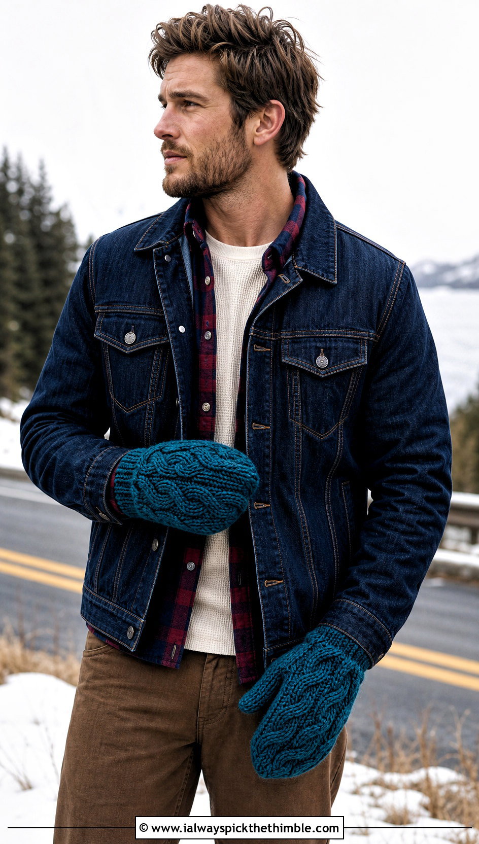 Cable Stitch Crochet Mittens With Denim Jacket - 20 crochet mittens for men outfit ideas