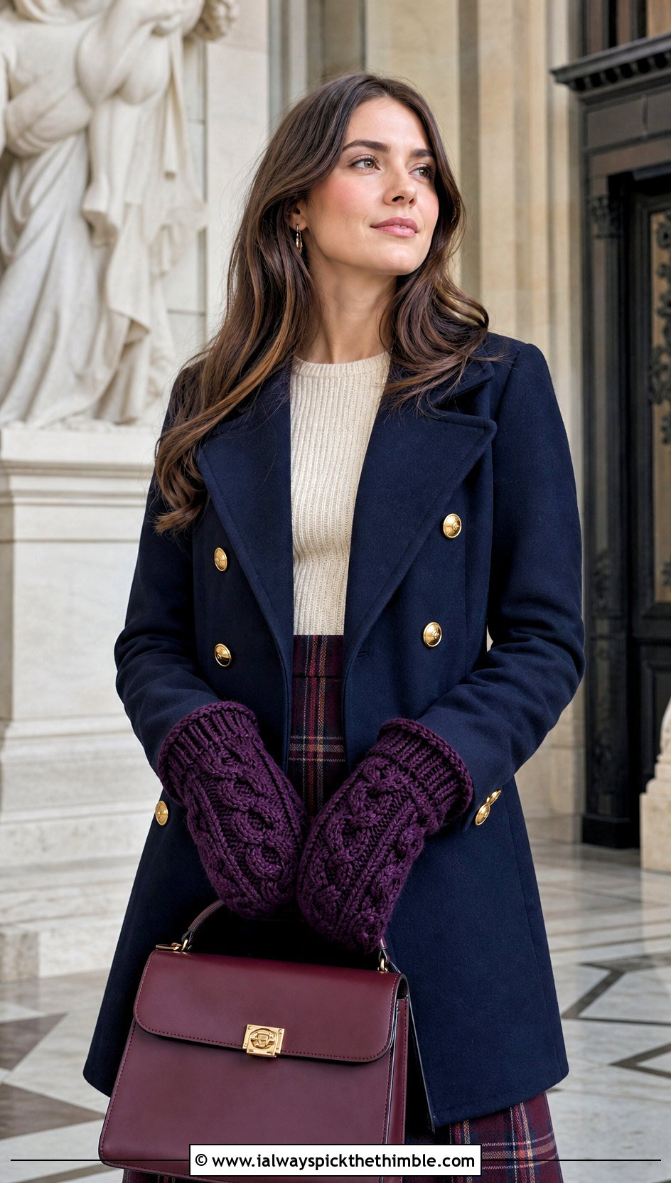 Cable Stitch Crochet Mittens With Peacoat And Plaid Skirt - 25 crochet mittens outfit ideas