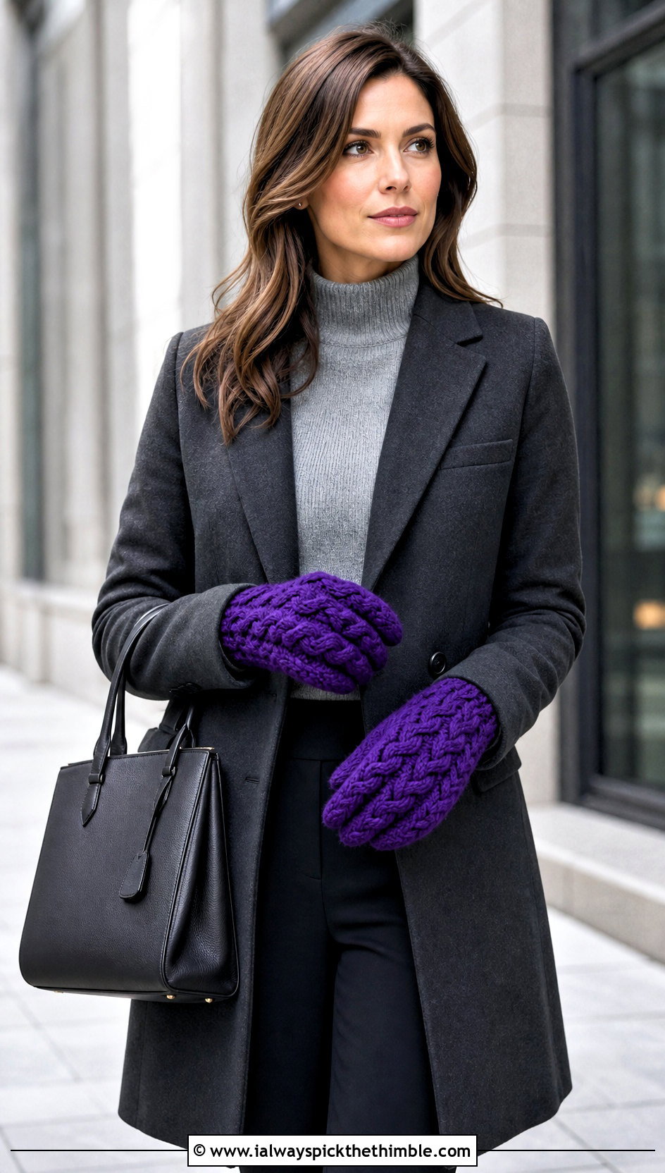 Cable Stitch Crochet Mittens With Tailored Coat - 20 cute crochet mittens outfit ideas
