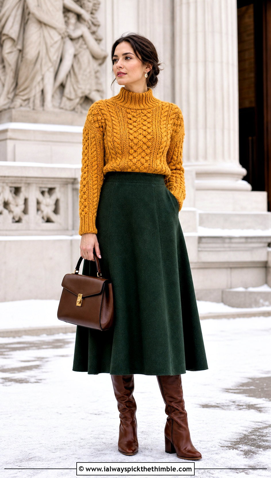 Cable Stitch Crochet Mock Neck Top With Wool Maxi Skirt - 25 crochet mock neck top outfit ideas