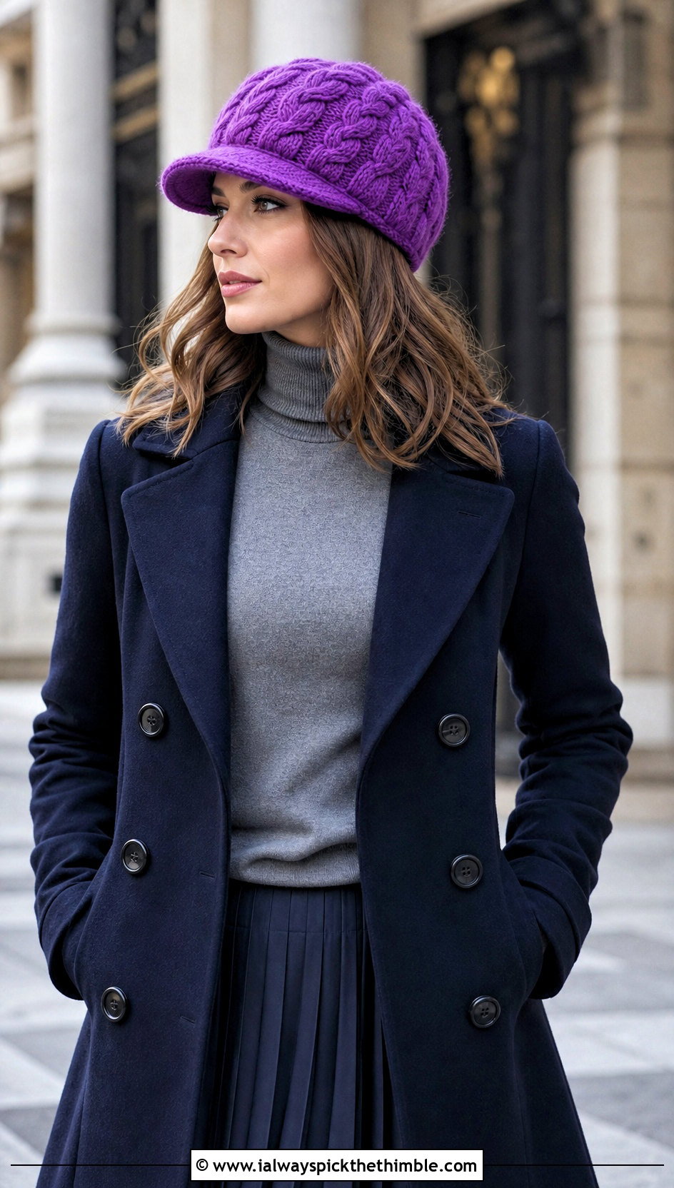 Cable Stitch Crochet Newsboy Hat With Peacoat And Pleated Skirt - 20 newsboy crochet hat outfit ideas