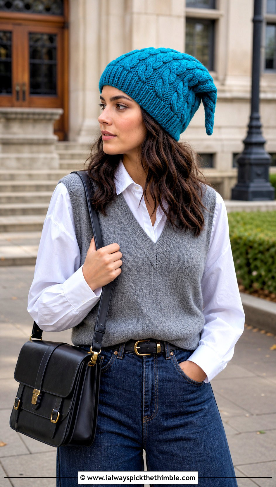Cable Stitch Crochet Phrygian Cap With Sweater Vest And Wide Leg Jeans - 15 crochet phrygian cap outfit ideas