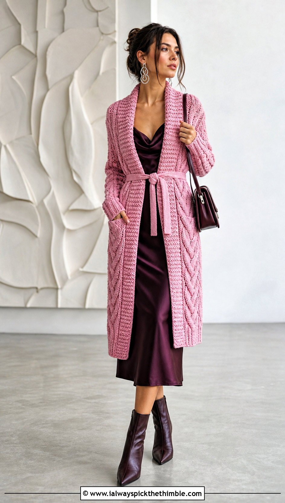 Cable Stitch Crochet Pocket Wrap With Slip Dress - 20 Crochet Pocket Wrap outfit ideas
