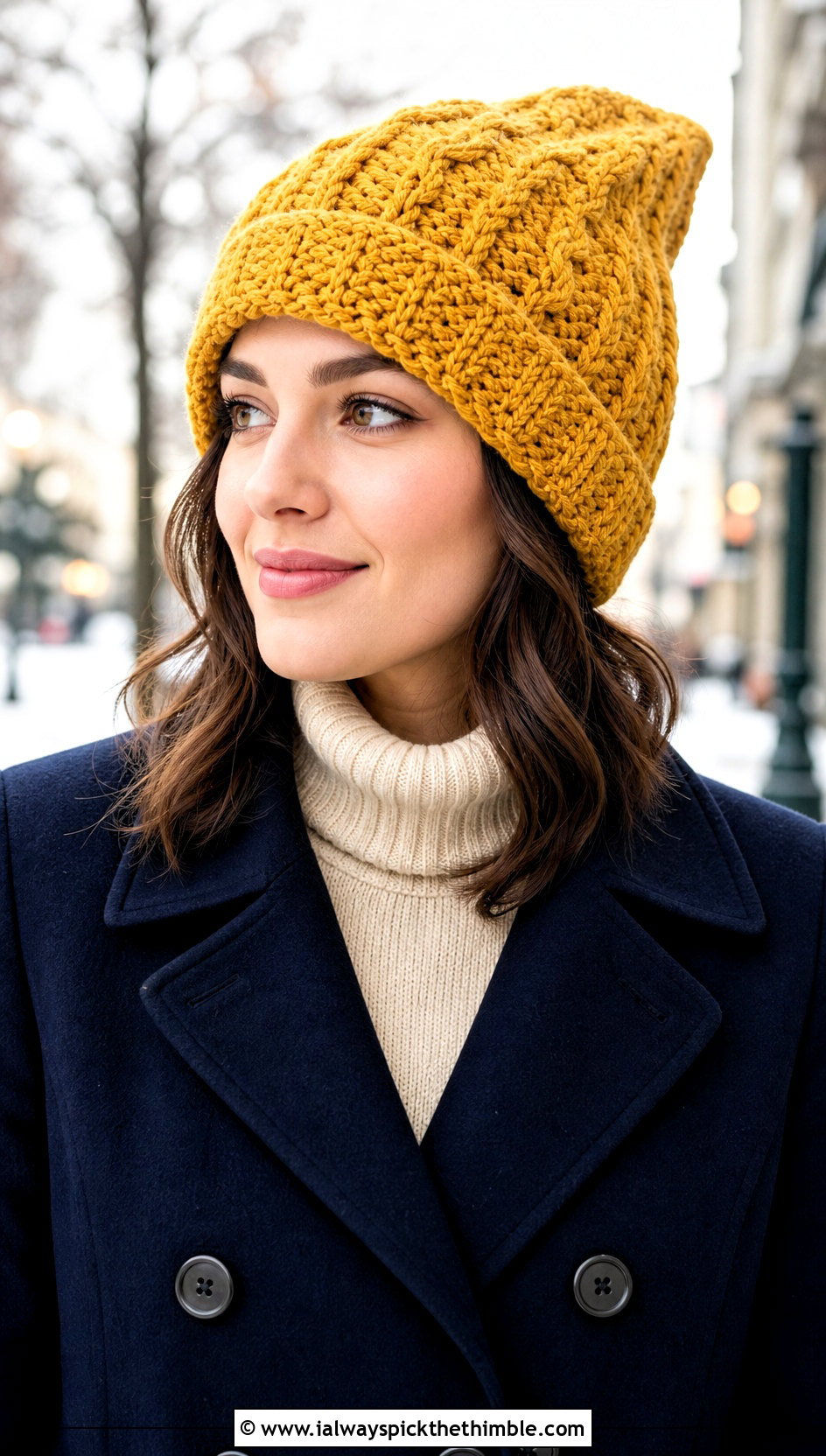 Cable Stitch Crochet Pointed Hat With Peacoat - 20 Crochet Pointed Hat outfit ideas