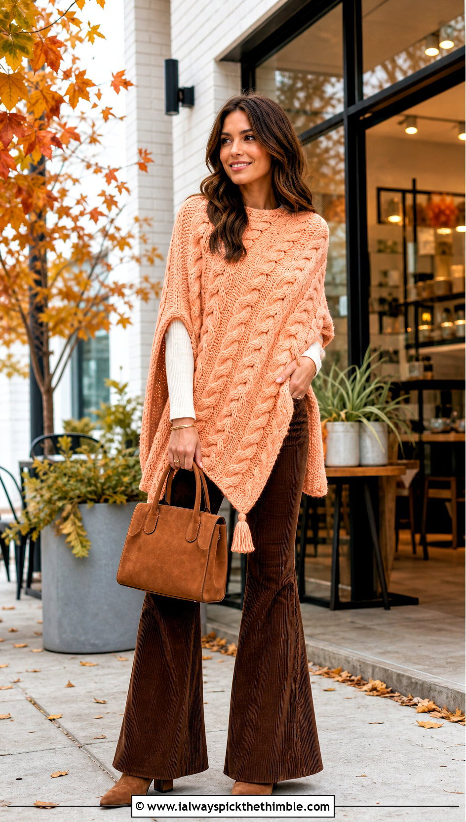 Cable Stitch Crochet Poncho With Corduroy Flare Pants - 20 Crochet Fall Poncho outfit ideas