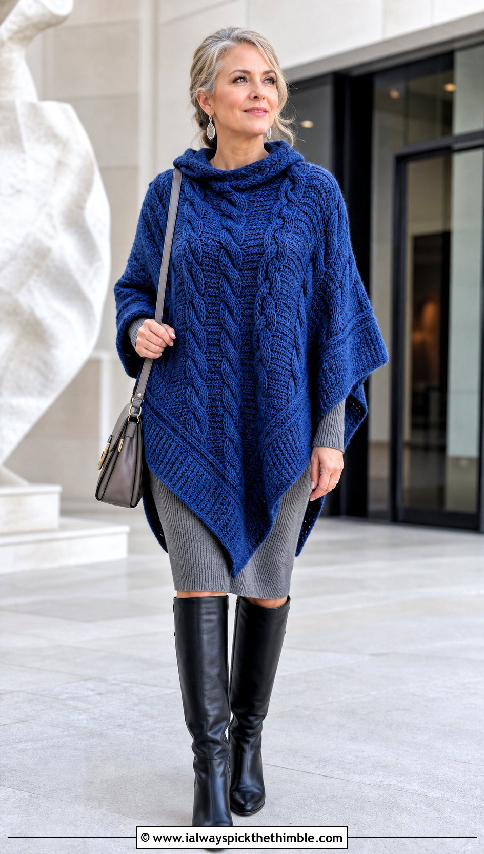 Cable Stitch Crochet Poncho With Hood and Sweater Dress - 25 crochet poncho with hood outfit ideas