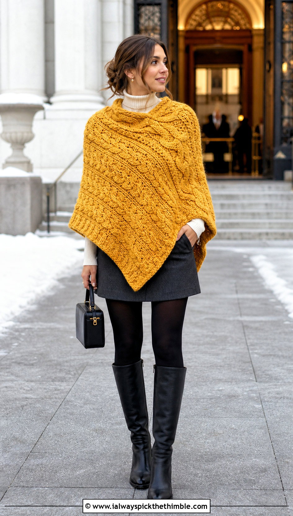 Cable Stitch Crochet Poncho With Wool Mini Skirt - 20 woman winter crochet poncho outfit ideas
