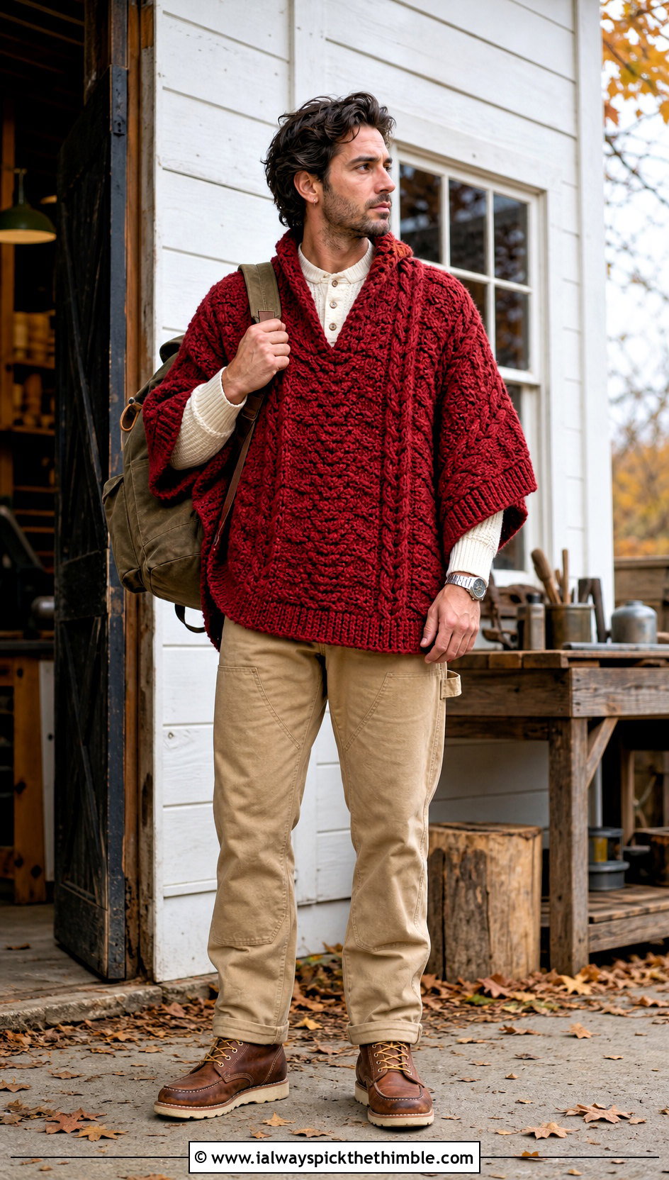 Cable Stitch Crochet Poncho With Workwear Pants - 20 crochet men's poncho outfit ideas