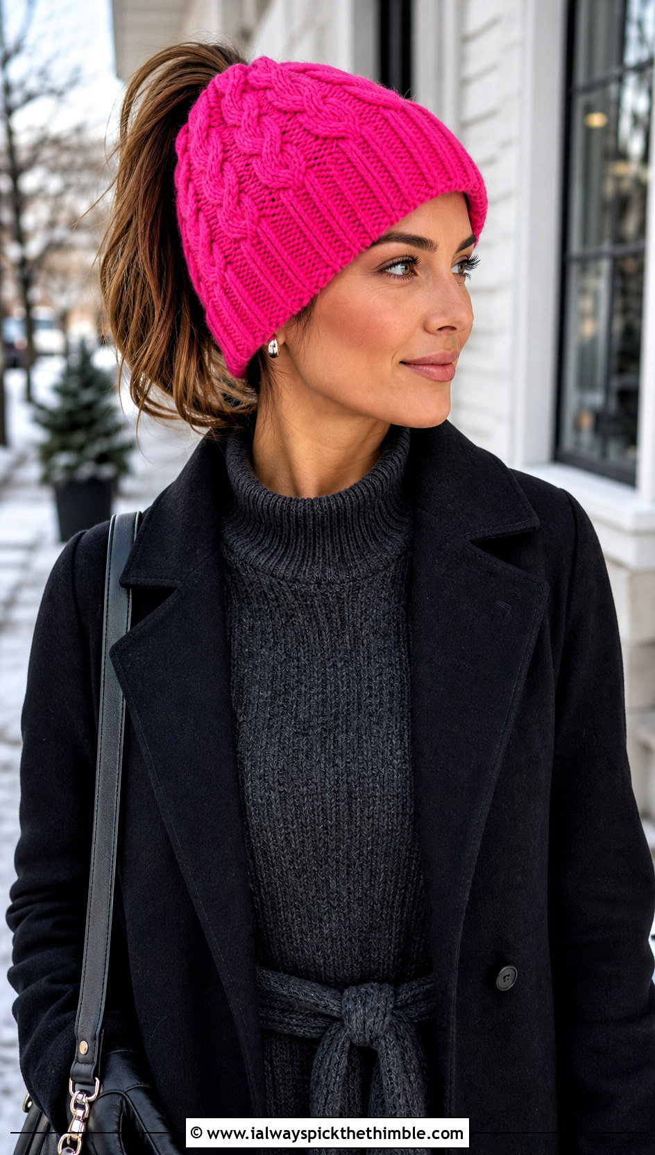 Cable Stitch Crochet Ponytail Beanie With Sweater Dress - 20 Crochet Ponytail Beanie outfit ideas