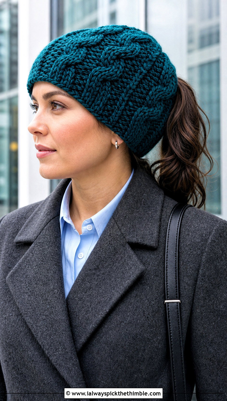 Cable Stitch Crochet Ponytail Beanie With Wool Coat - 20 Crochet Beanie With Ponytail Hole Hat outfit ideas
