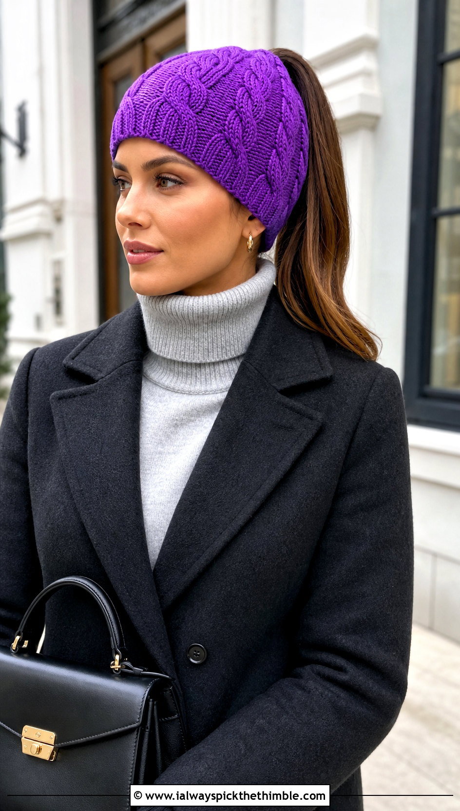 Cable Stitch Crochet Ponytail Hat With Wool Coat - 20 easy crochet ponytail hat outfit ideas