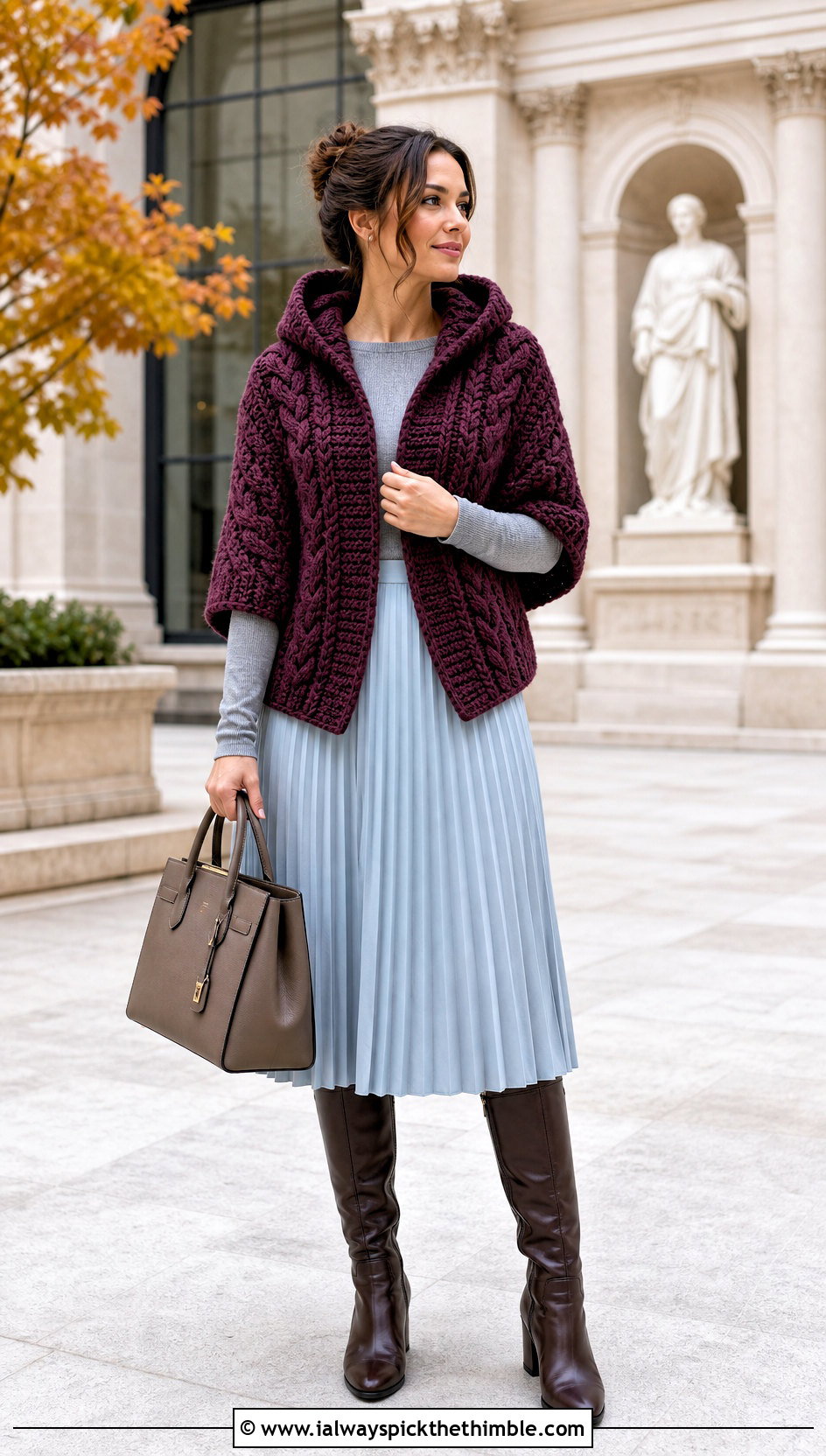 Cable Stitch Crochet Shrug With Hood And Pleated Skirt - 20 crochet shrug with hood outfit ideas