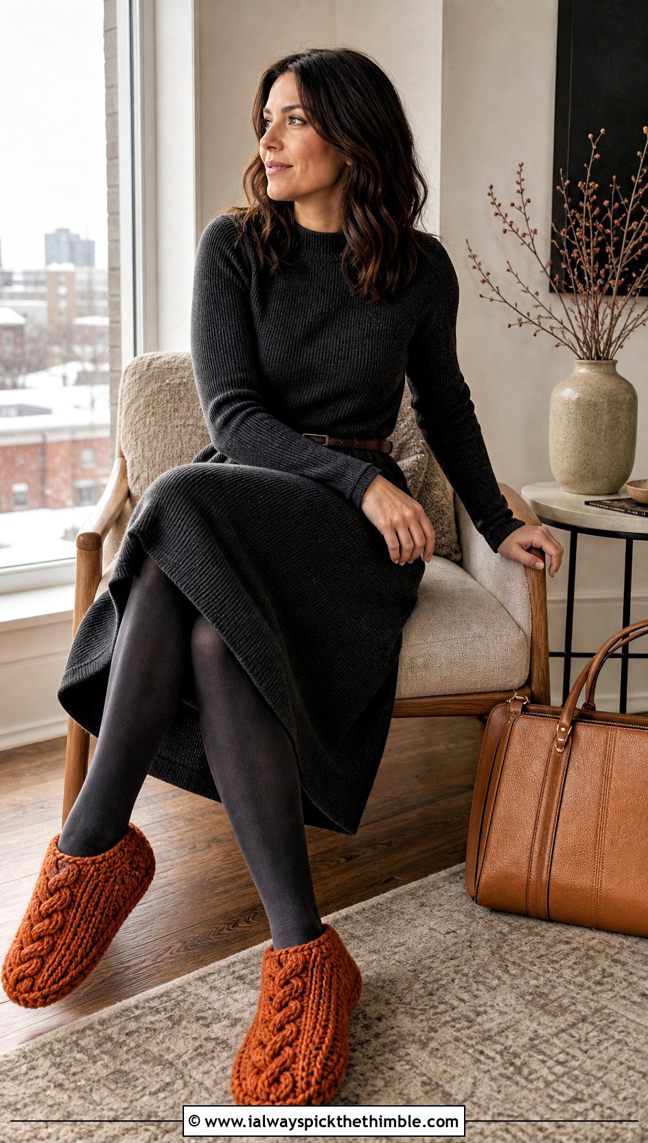Cable Stitch Crochet Slippers With Knit Dress - 25 easy crochet slippers outfit ideas