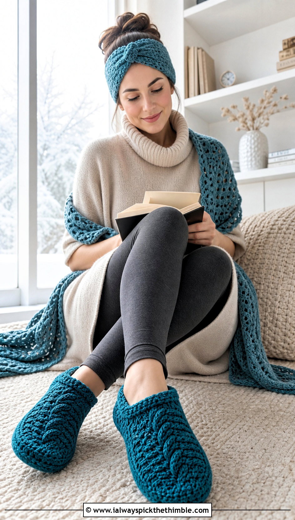 Cable Stitch Crochet Slippers With Sweater Dress - 20 Easy Crochet Slippers For Beginners outfit ideas